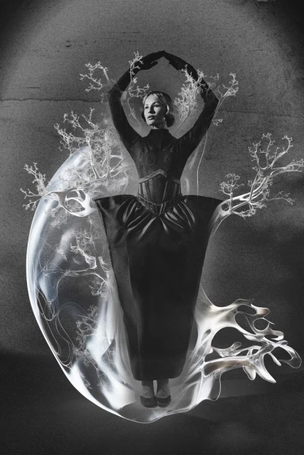 Monochrome fashion portrait: A woman in an ornate black dress poses within a clear, organic-shaped shell with tree-like accents. 