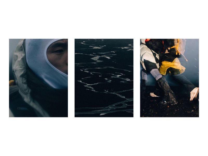 Composite image featuring a person in a balaclava, a dark river landscape, and a person wearing waterproof boots in a diffused outdoor setting.