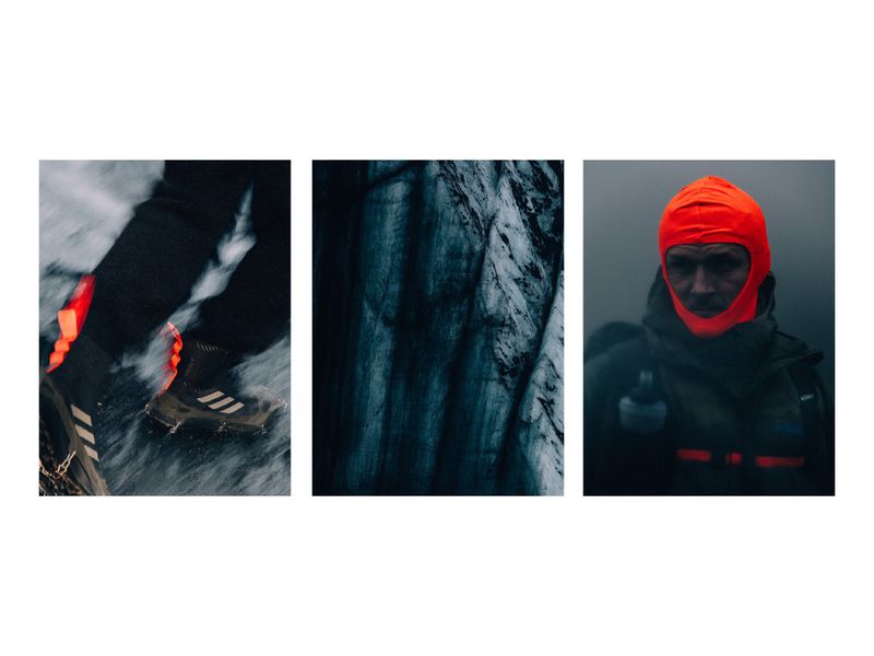 Outdoor collage featuring runner's legs splashing through water, a close-up of a glacial wall, and portrait of adult wearing a balaclava.