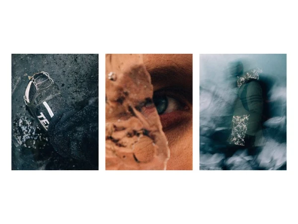 Triptych of outdoor winter imagery showing an ice cleat on a boot, an eye framed by ice, and a hooded figure in a blizzard.