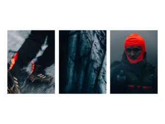 Triptych featuring outdoor apparel details including athletic shoes on snowy ground, dark ice texture, and a person wearing an orange balaclava