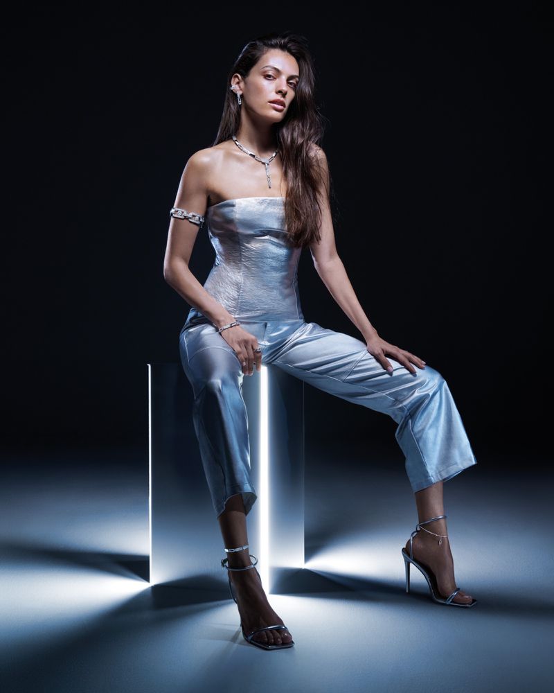Elegant brunette woman wearing a silver strapless top, matching pants, and jewelry poses on a stool in front of a dark background.