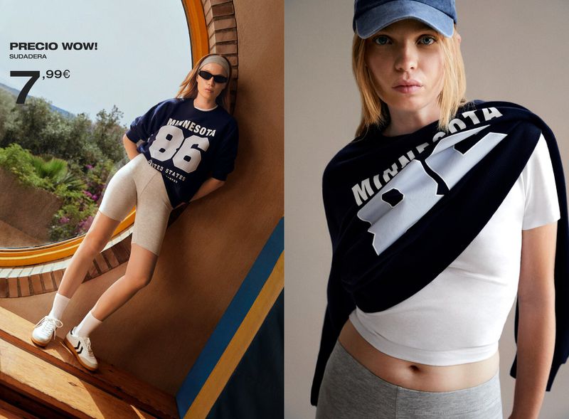 Two fashion images show a woman wearing a navy sweatshirt with “Minnesota 86” printed on it, leggings, and sneakers.