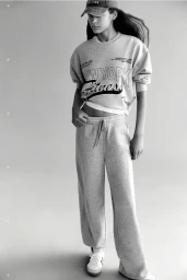 Model wearing a grey sweatshirt and matching sweatpants with a baseball cap against a plain studio background.