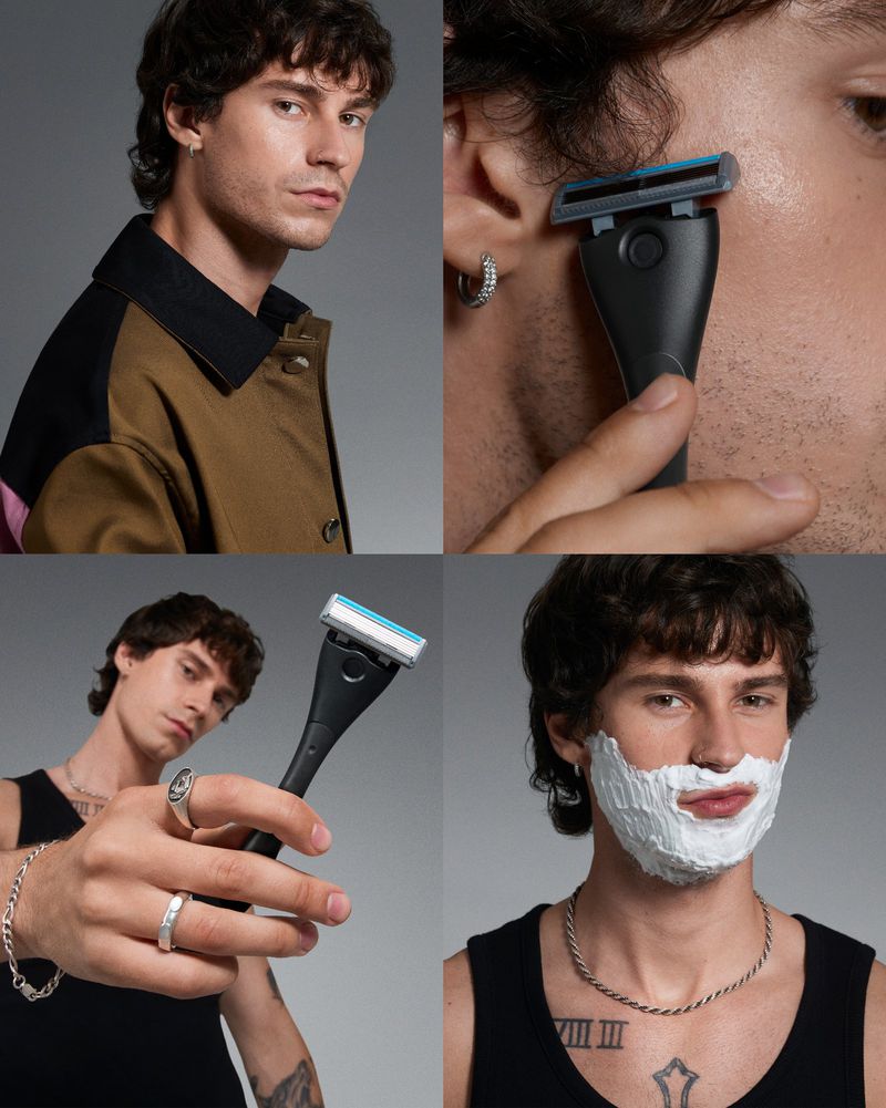 Collage of a young adult male in a black tank top using a black razor on a grey background. Beauty and grooming product.