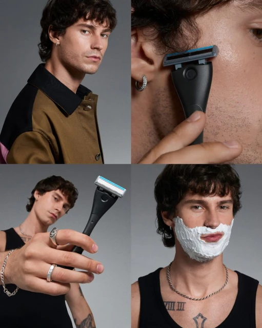 Collage of a young adult male in a black tank top using a black razor on a grey background. Beauty and grooming product.