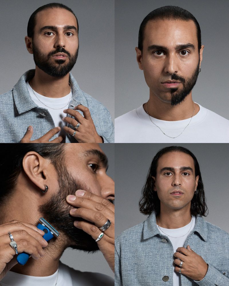 Four-panel portrait features a man's face, clean-shaven, half-bearded, and shaving with a razor, set against a neutral gray background.