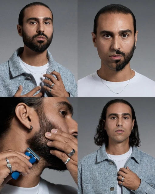 Four-panel portrait features a man's face, clean-shaven, half-bearded, and shaving with a razor, set against a neutral gray background.