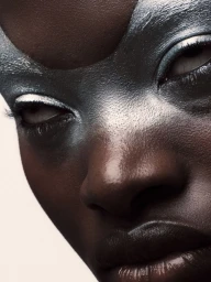 Extreme close-up of a person with dark skin wearing dramatic metallic silver eye makeup and face paint against a light background.