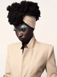 Black female model in a structured beige jacket and headwrap with dramatic teal eyeshadow against an off-white studio background.