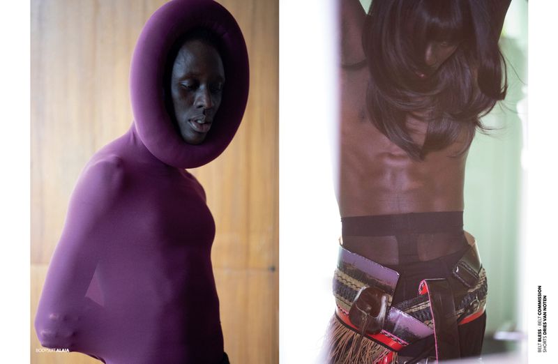 Fashion shot featuring an African female model in a purple body suit and another female wearing a tribal-inspired belt and black tights.
