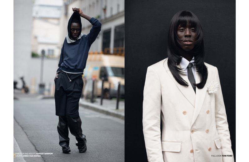 Fashion editorial shot showcasing a person in street style clothing and another in a formal suit, both against contrasting backgrounds.