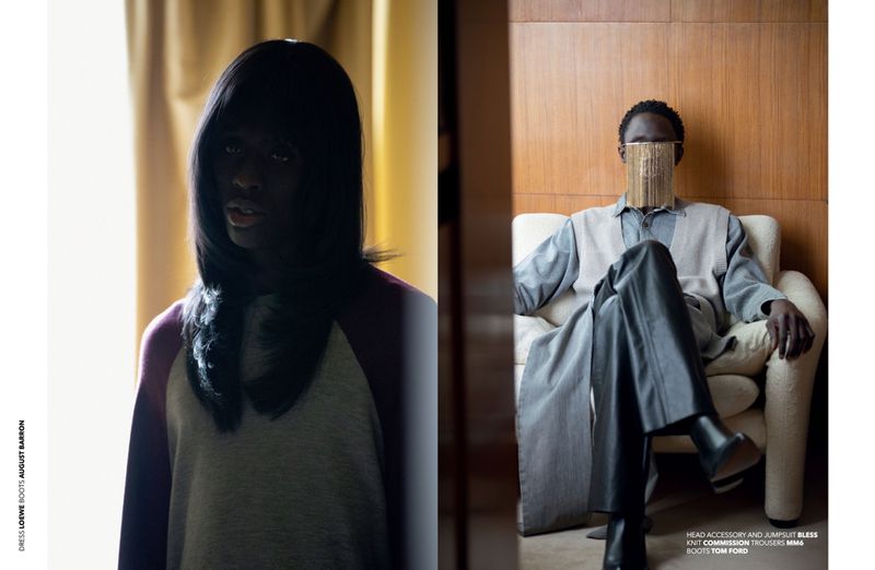 Split fashion editorial: a woman in a grey shirt and a man on a chair in a grey suit and gold face accessory in a minimalist setting.