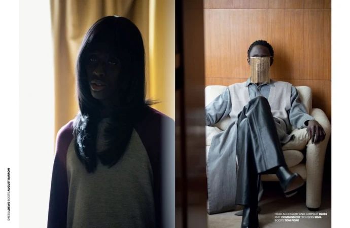 Split fashion editorial: a woman in a grey shirt and a man on a chair in a grey suit and gold face accessory in a minimalist setting.