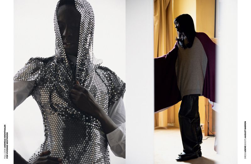 Two fashion models pose indoors; one wears a silver sequin hooded top and the other wears a gray shirt with a plum shawl.