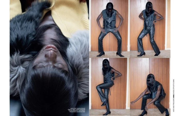 Fashion editorial shot of a black female model showcasing edgy leather vest and trousers with various poses against a wood-panelled wall.