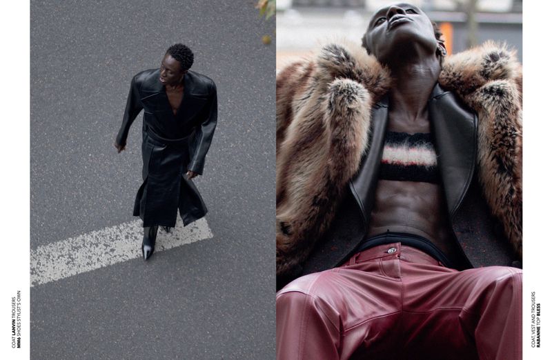 Editorial fashion shot featuring an African male model in a black leather coat on a city street and close-up of a man in a fur coat.