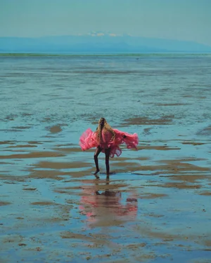 Model in a voluminous pink tulle dress stands in shallow water on a wet sandy beach at low tide with mountains in the background.