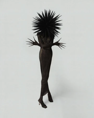Surreal fashion portrait featuring an individual in a spiked headpiece and textured dress, posed against a light grey studio backdrop.