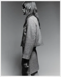 A profile portrait of a female model wearing a textured tweed jacket and matching skirt against a neutral gradient background.