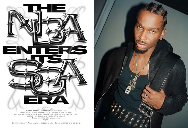 Studio portrait of a stylish African-American male model with braided hair, wearing a dark jacket and jewelry; ad copy on the left.