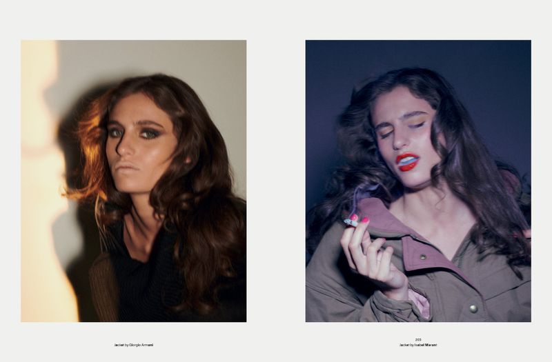Two portraits of a model wearing a jacket, one with a soft lighting and the other with blue lighting holding a cigarette.