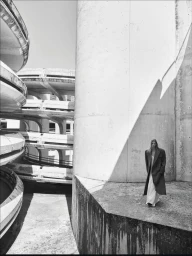 Model Sara Eirud wearing an oversized coat and long dress stands beside a brutalist concrete spiral parking structure in black and white.