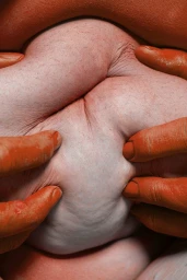 Extreme close-up of terracotta-painted hands pressing into pale textured skin folds.