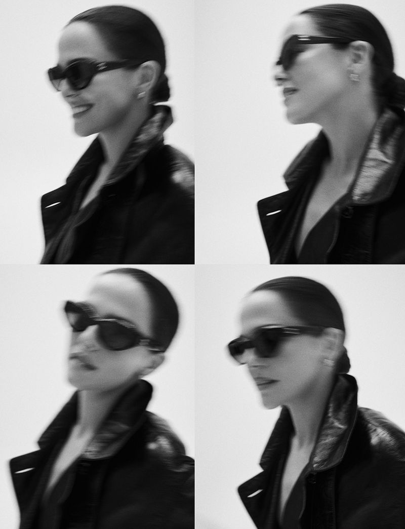 Black-and-white fashion shot featuring a woman with sunglasses and a jacket, presented in a four-panel grid against a plain backdrop.