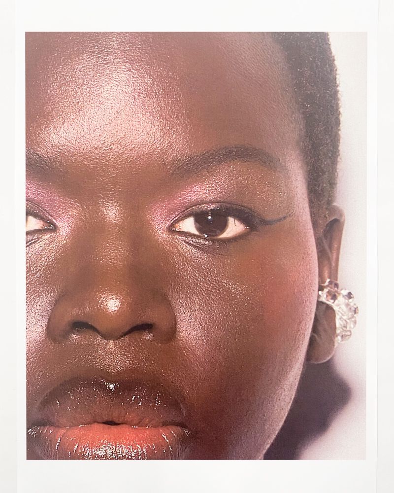 Close-up portrait of an adult female with dark skin, a shaved head, pink eye shadow, glossy lips, an earring, and a white background.