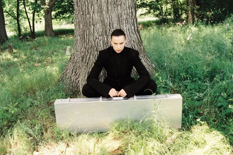 A woman in a black suit sits cross-legged on a silver briefcase in a grassy field, posed against a large tree with a forest background.