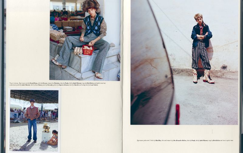 Fashion editorial featuring an adult with a fur hat in a market setting, contrasted with another adult near a textured wall.