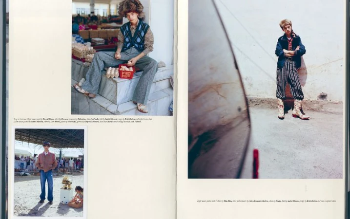 Fashion editorial featuring an adult with a fur hat in a market setting, contrasted with another adult near a textured wall.