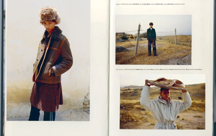 Fashion editorial image featuring a young adult in fur hat and jacket, and two additional images of men in outdoor environments.