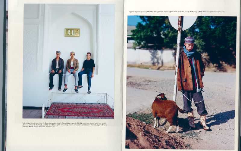 Fashion editorial featuring three young men in traditional caps sitting on a bed, and a man with a goat in an outdoor setting.