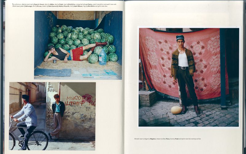 Editorial fashion shot of a man in a watermelon-filled container, another on a bicycle, and one standing in front of a red tapestry.