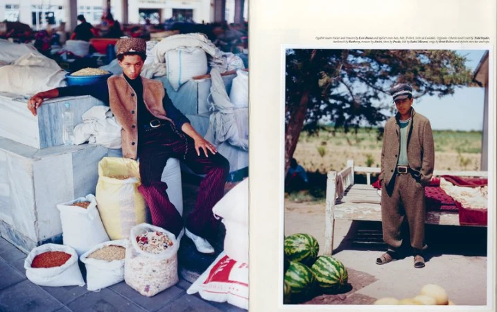 Fashion editorial shot: a model leans on grain sacks in an outdoor market, while another is standing on a porch with watermelons.