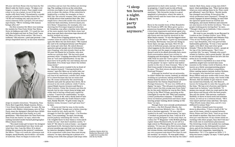 Black and white portrait of Del Moro accompanied by adjacent columns of text in a magazine layout.