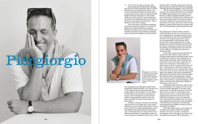 Black and white editorial spread featuring a smiling man resting his chin on his hand next to columns of text and a smaller photo insert.
