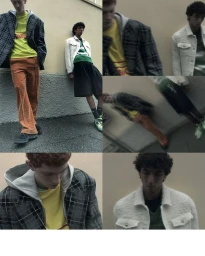 Multi-panel fashion editorial grid showing two male models posing in layered menswear against an outdoor wall.