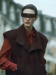 Model Eloise Logan wearing futuristic dark shield sunglasses, a textured burgundy vest, and a red collared shirt outdoors.