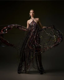 Model Chrystal Copland wearing a fringed halter dress photographed by Jesús Villanueva Varela for Oh! Couture! F/W 24