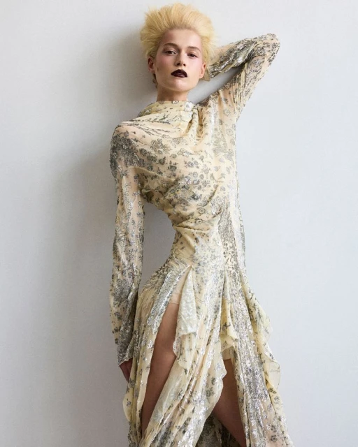 Woman in flowing gown with long sleeves and thigh-high slit, leaning against white wall, dark lipstick and blonde hair, fashion photography.
