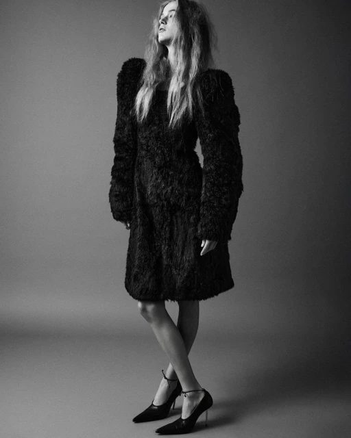 Monochrome studio shot of a woman in a black fur coat and heels, standing against a gray backdrop, looking off-camera.