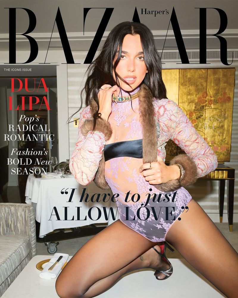 Dua Lipa on the cover of Harper's Bazaar, The Icons Issue. She is kneeling and wearing a lilac bodysuit and black tights.