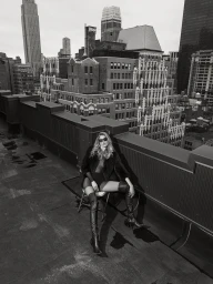 Model Martha Hunt in dark sunglasses and over-the-knee boots on a city rooftop for L'Officiel Monaco.