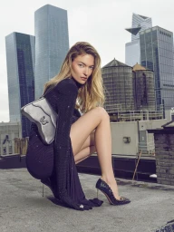Model Martha Hunt squatting on a rooftop in a black dress with a silver handbag against a city skyline