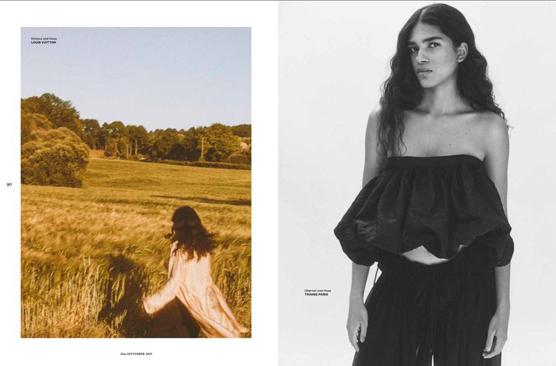 Fashion editorial shot of a woman in a crop top and palazzo pants on a white background, and a woman walking in a wheat field.