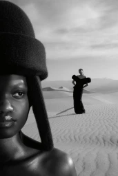 Black and white fashion photo of a model in a sculptural headpiece in the foreground with another model posing on desert sand dunes.