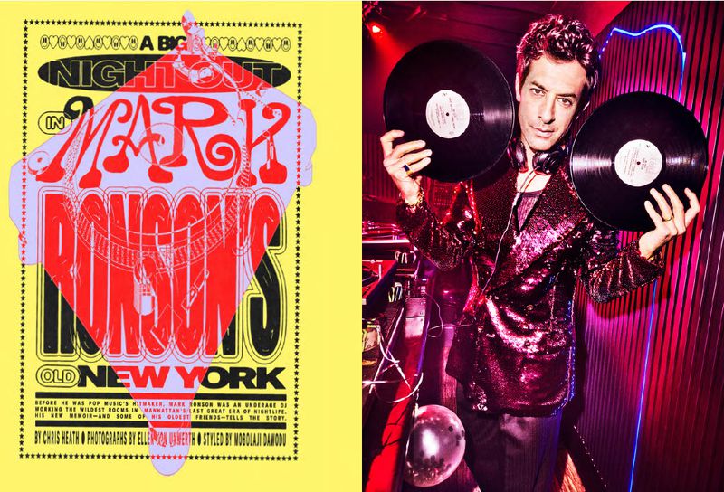 Mark Ronson poses with vinyl records against a neon-lit backdrop in a promotional shot, accompanied by a poster with stylized text.